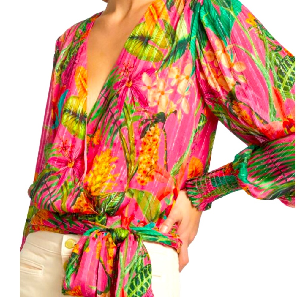 Ramy Brook Hot Pink Tropical Floral Wrap Blouse